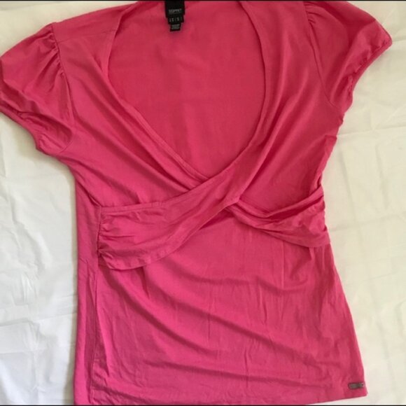 Esprit Drapey Hot Pink Stretch Puff Sleeves Criss Cross Top T- Shirt Tee Ruched - Picture 2 of 8